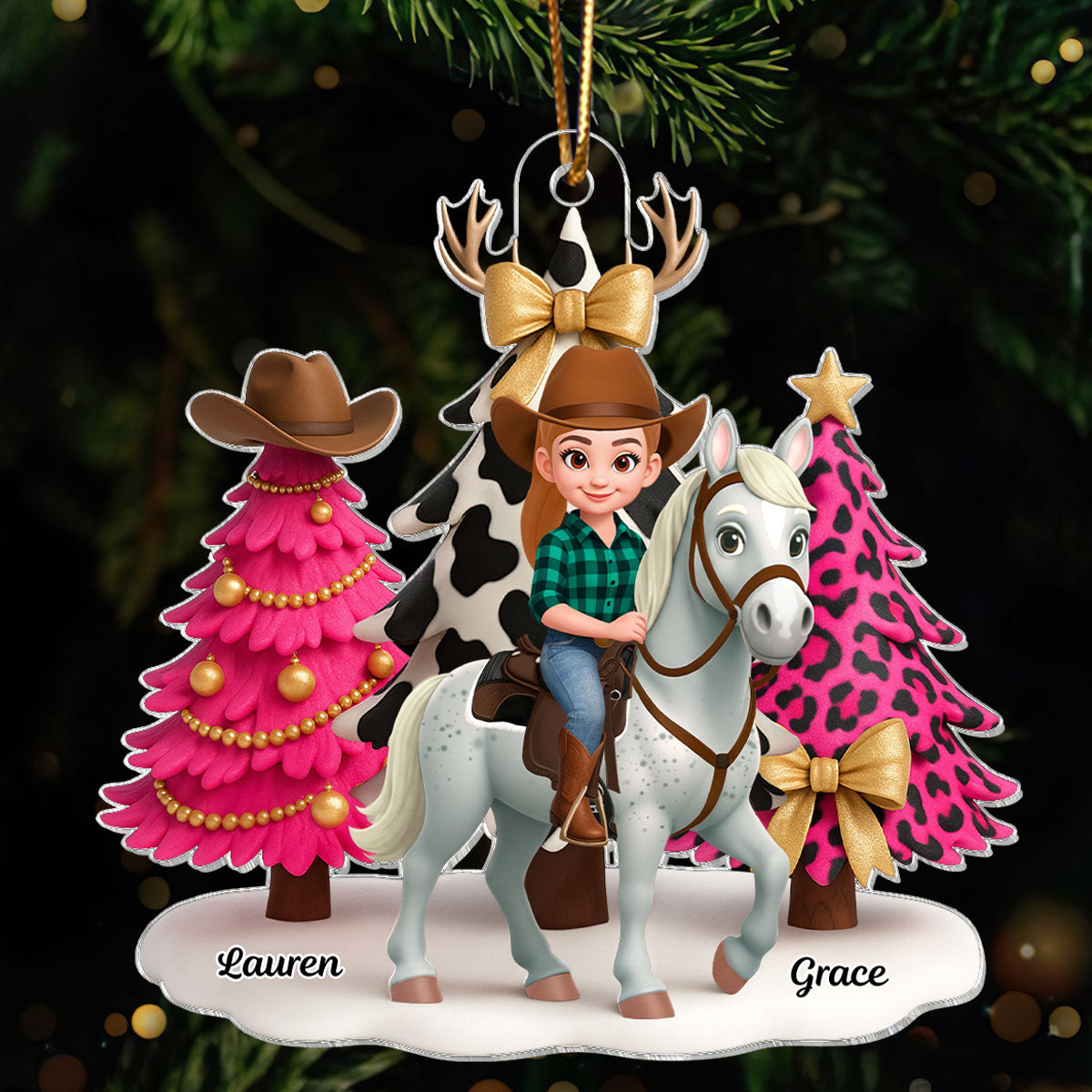 3D Effect Western Pink Christmas Tree Cowgirl And Horse - Personalized Acrylic Ornament