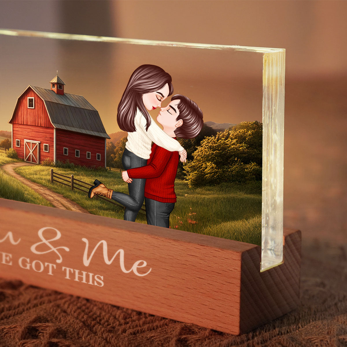 Rustic Nostalgia Red Barn House Sign Posts Couple Hugging Kissing Farmhouse Decor - Personalized Acrylic Block Plaque LED Night Light - Heartfelt Valentine, Anniversary Gift For Him, For Her
