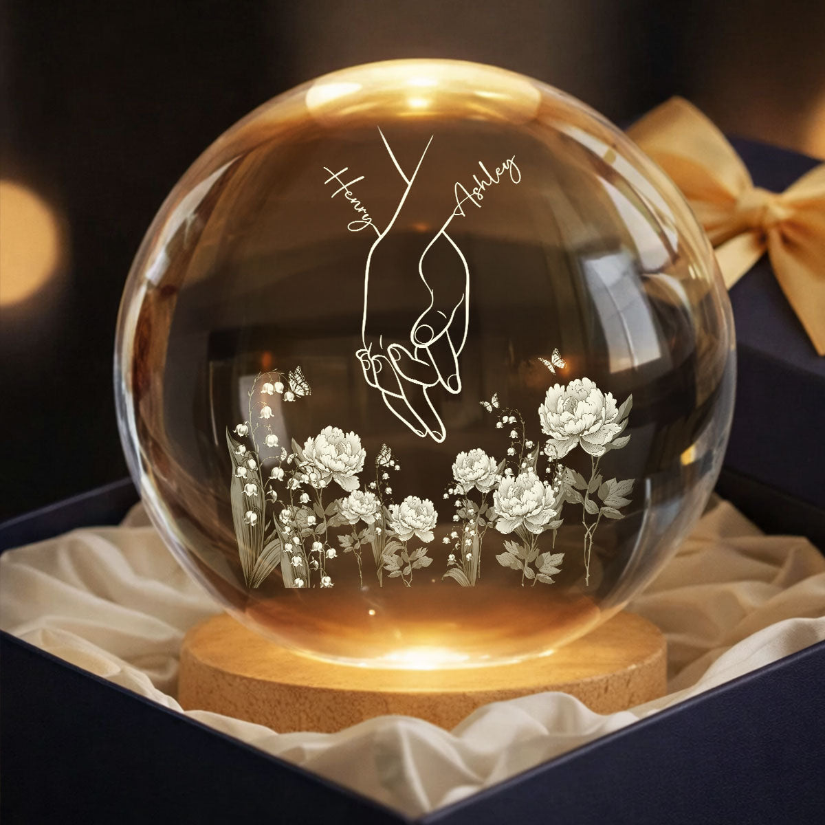 I Love You Couple Hand Print Birth Flower - Personalized Crystal Ball LED Night Light - Sentimental Gift for him, for her