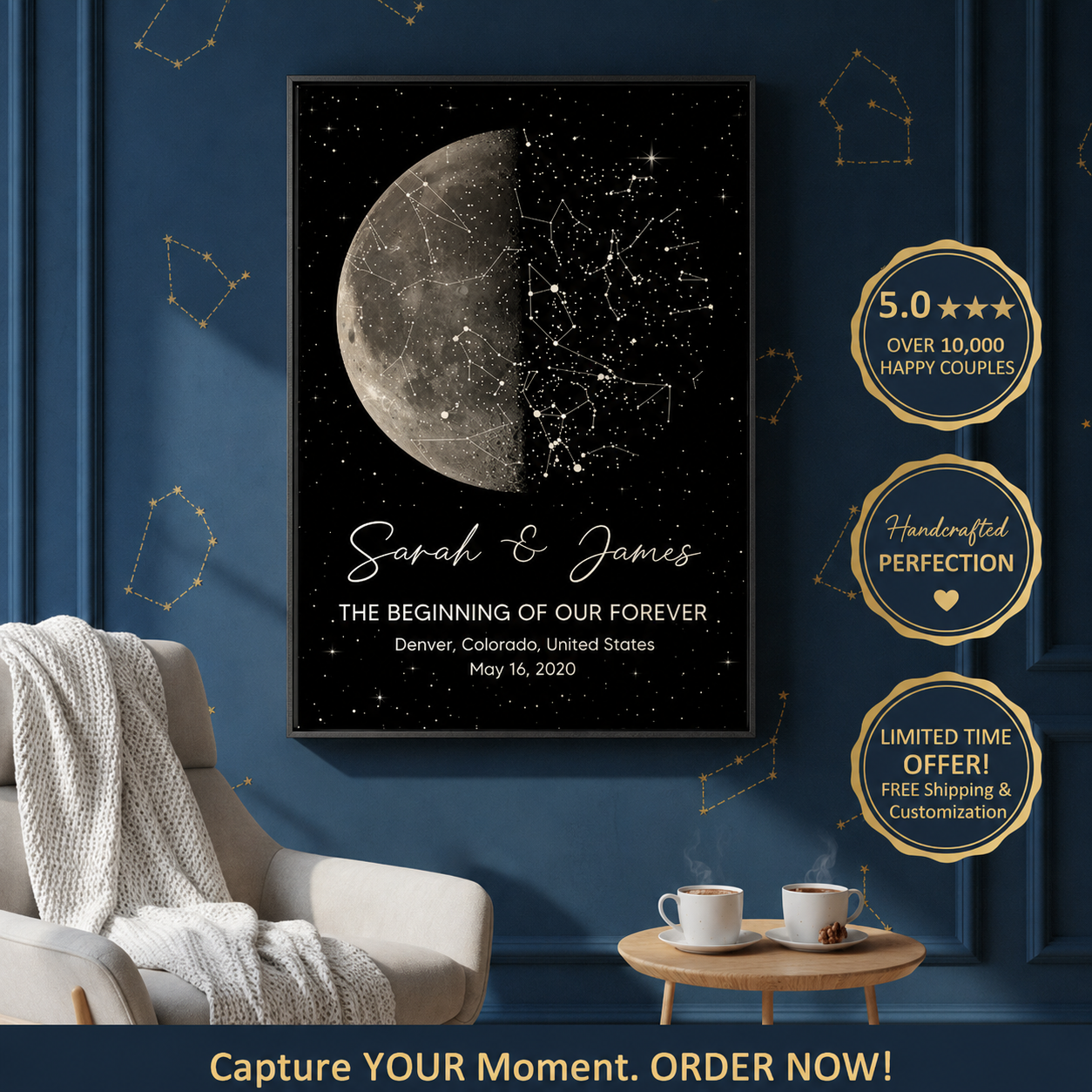 The Night It All Began Custom Moon Phase & Star Map - Personalized Poster - Gift For Couple