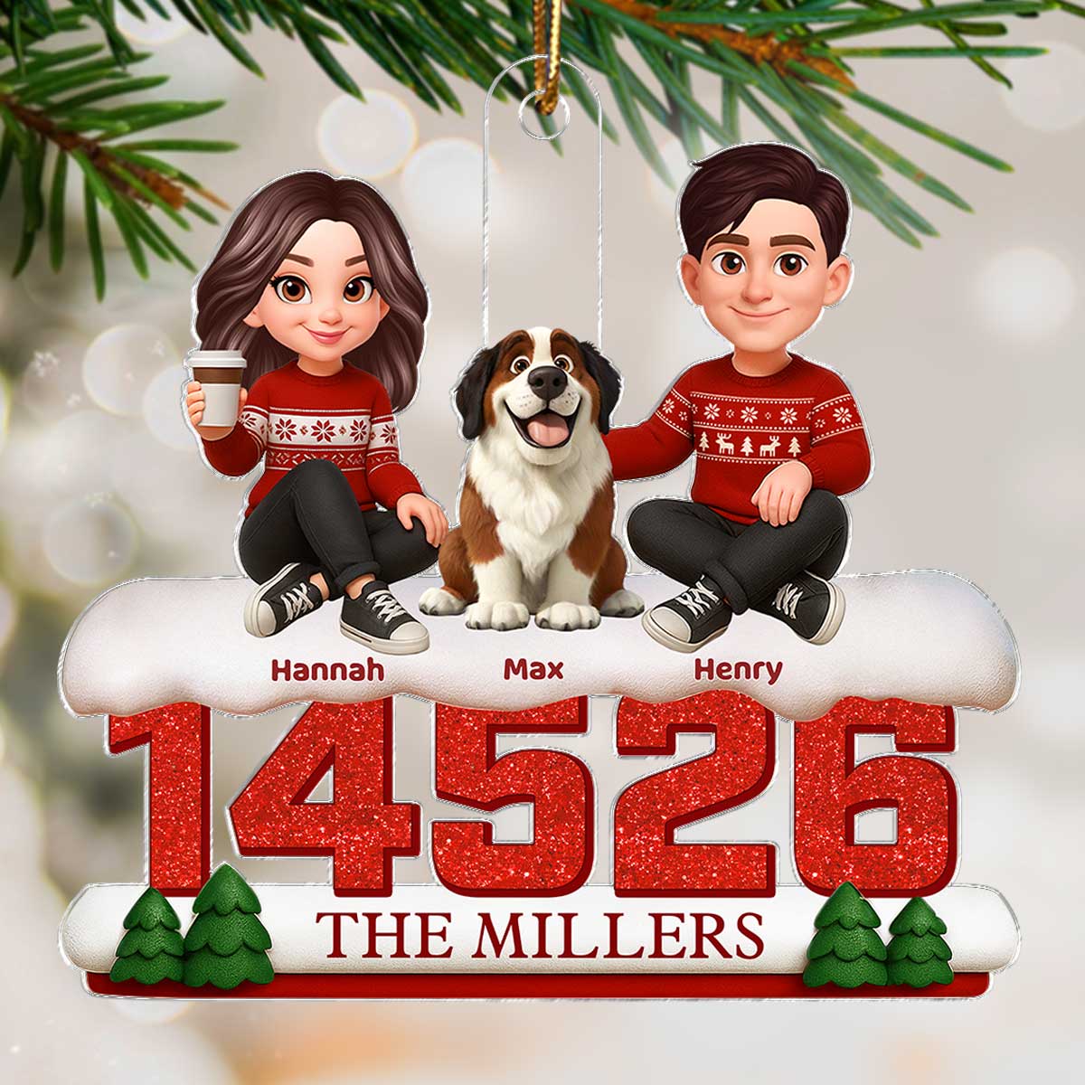 3D Effect Cartoon Family Sitting On Snow Zip Code - Personalized Acrylic Ornament
