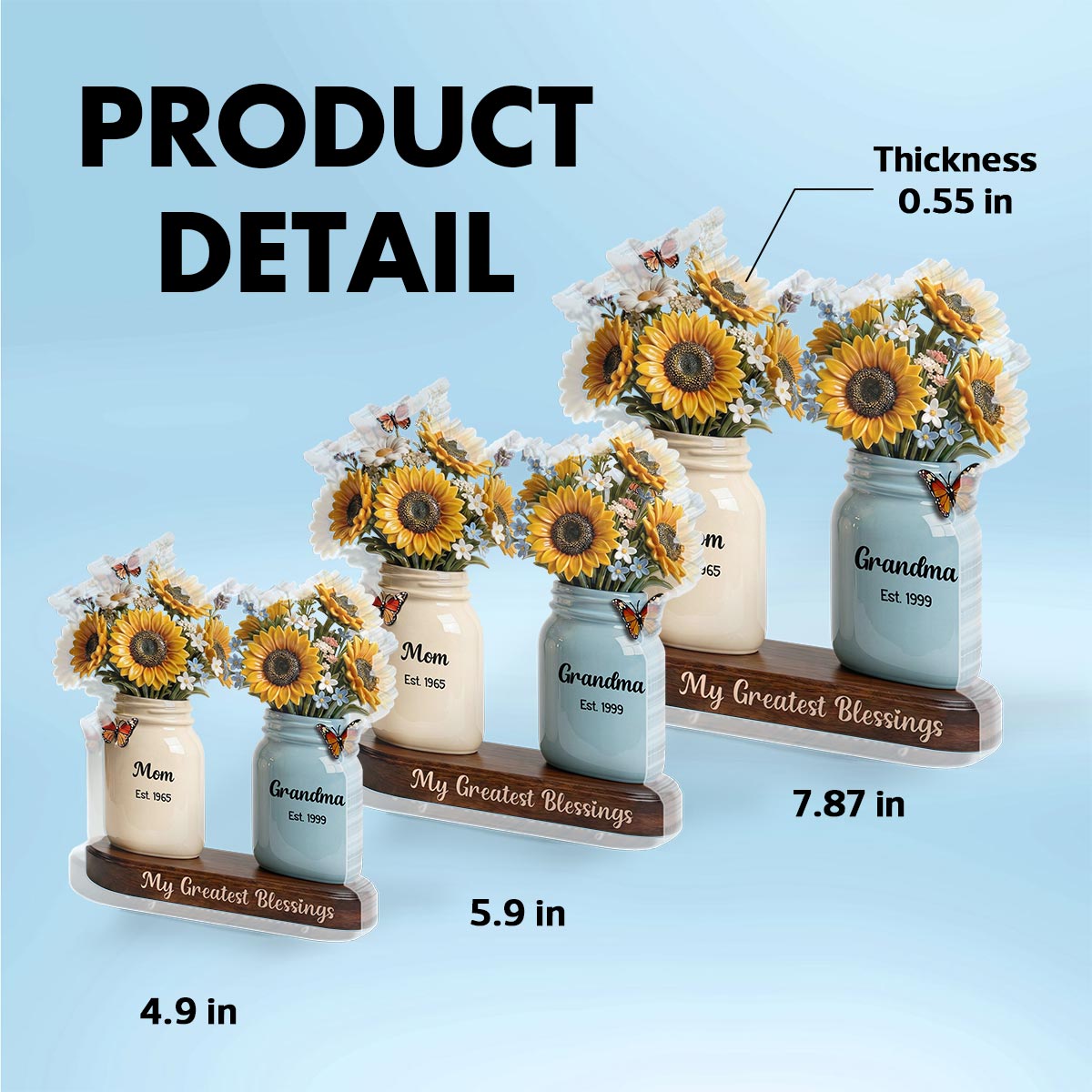 Mom Grandma Great Grandma Sunflowers Jars Est. Years 2D Flat - Personalized Acrylic Block Plaque