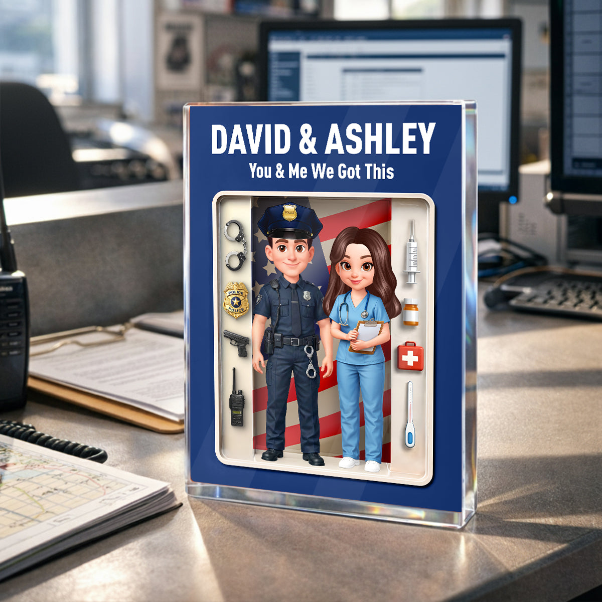 Police & Nurse Couple 3D Action Figure - Personalized Acrylic Block Plaque - Heartfelt Gift for Him, for Her