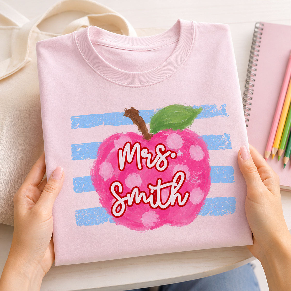 Coastal Apple Pencil Stripes - Personalized Shirt - Back To School Gift For Teacher
