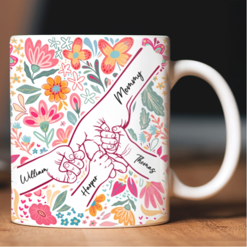 Kids Holding Hand Outline Floral Boho - Personalized Mug - Mother's Day Gift For Mom Grandma