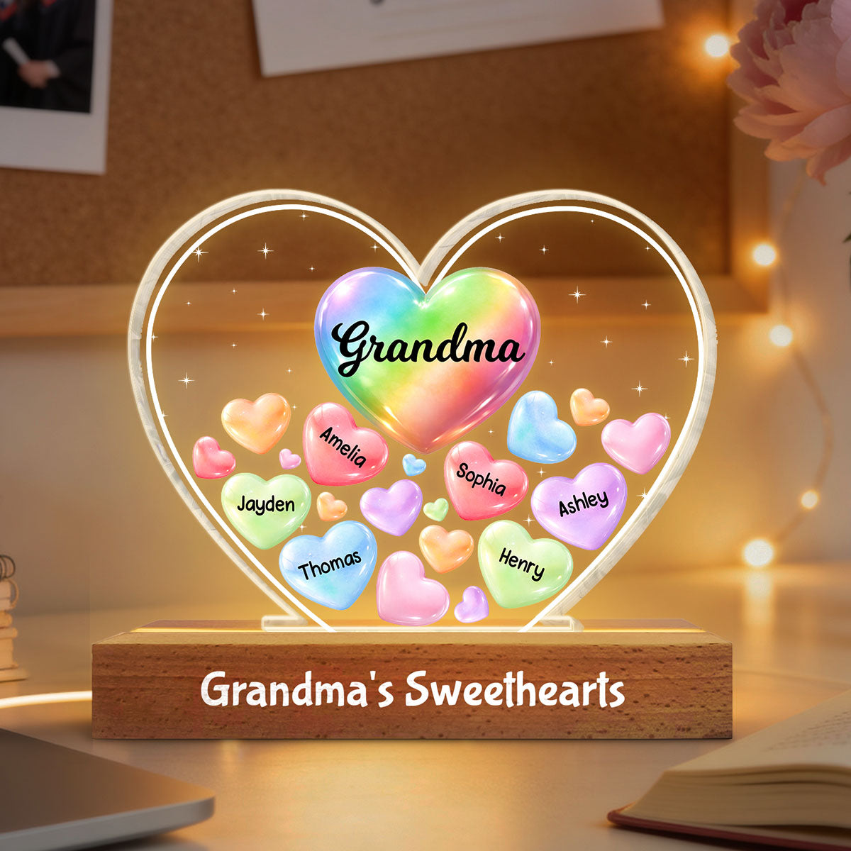 Grandma's Sweethearts In Heart - Personalized Acrylic Block Plaque LED Night Light - Gift For Grandma