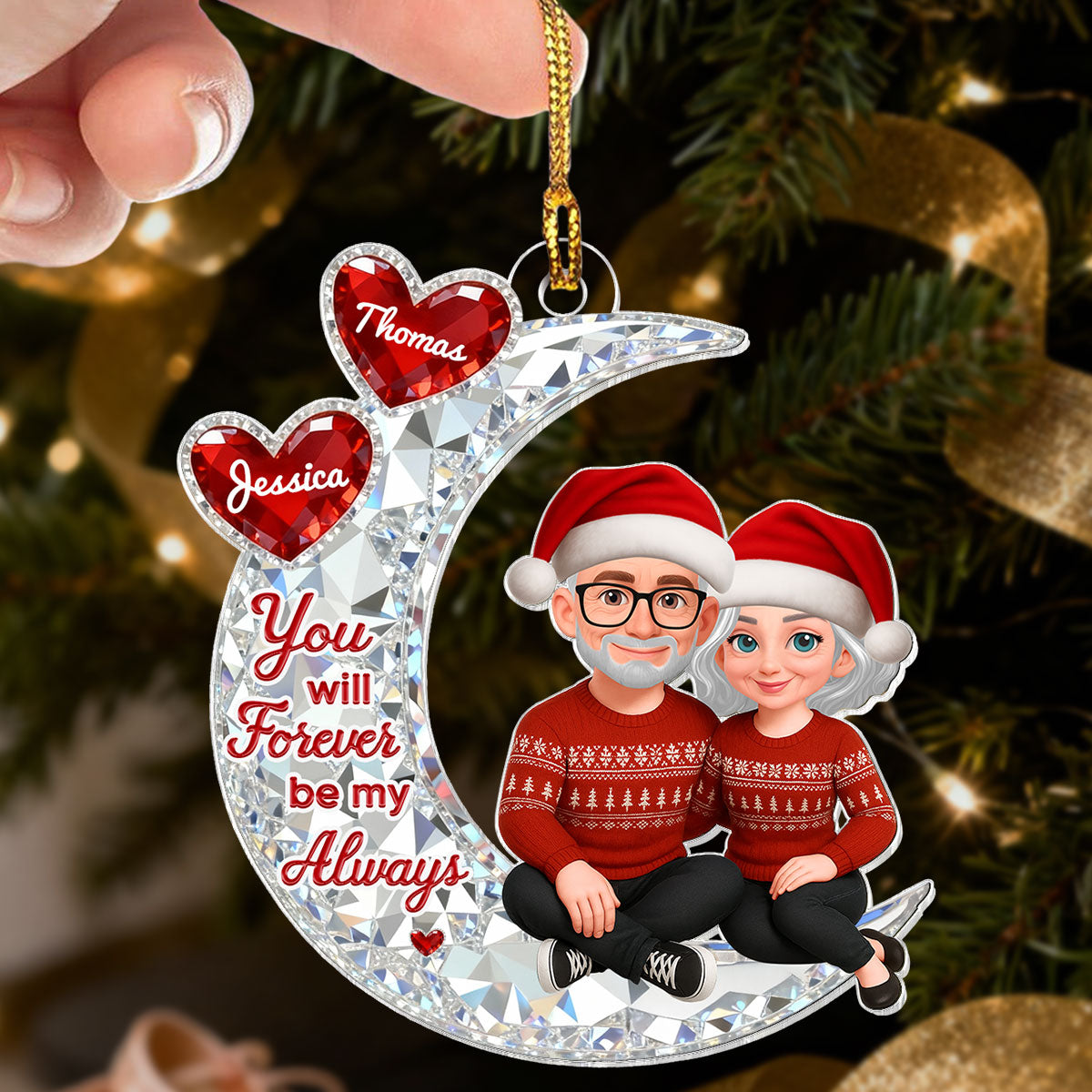 3D Effect Flat Couple Sitting On Moon - Personalized Acrylic Ornament - Heartfelt Gift For Couple, Gift For Him, For Her