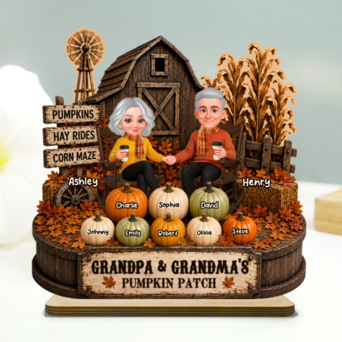 Fall Season Rustic Barnhouse Grandma Grandpa Little Pumpkins - Personalized 2-Layered Wooden Plaque - Fall Decor For Grandparents