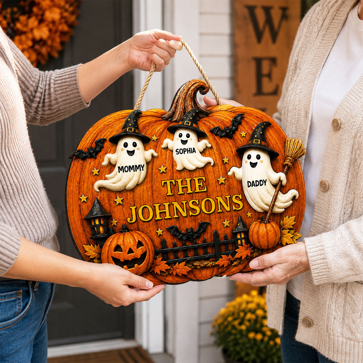 Halloween Family Ghost Pumpkin - Personalized Wood Sign - Halloween Decor Gift, Gift For Family