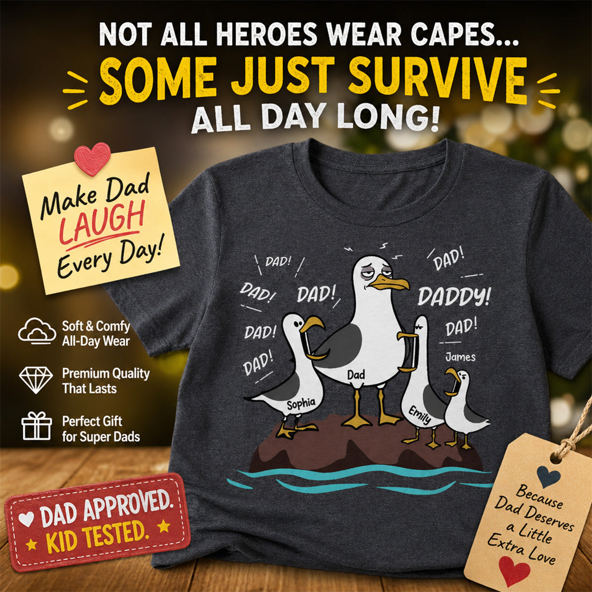 Seagull Dad! Dad! Dad! Tired Seagull & Kids - Personalized Shirt - Funny Father's Day Gift For Dad, Husband