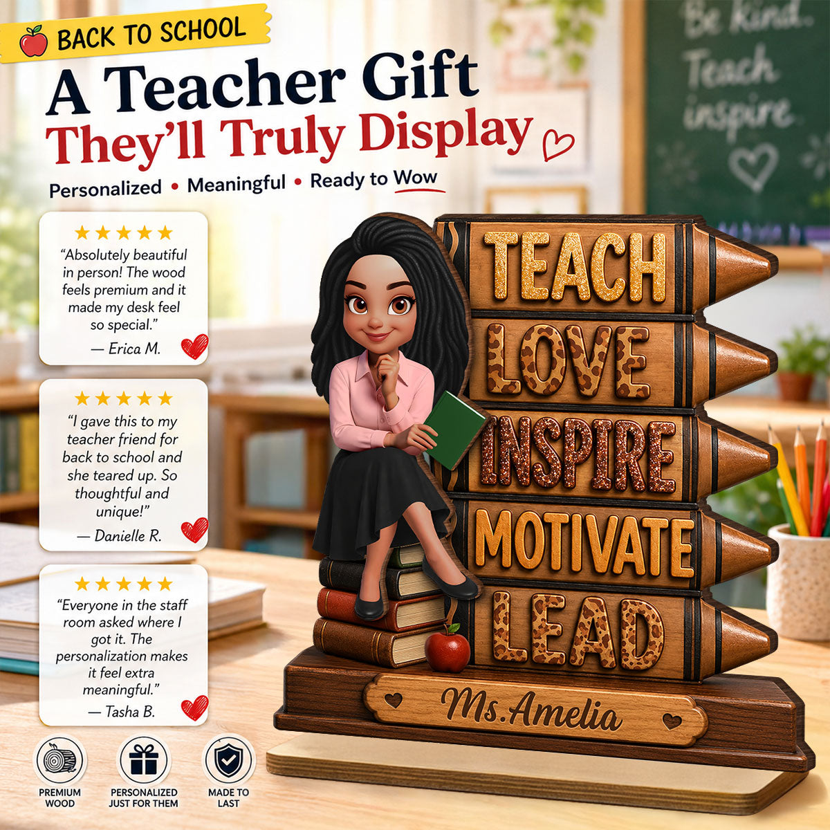 Teach Love Inspire Motivate Lead - Personalized 2-Layered Wooden Plaque - Back to School Gift for Teachers