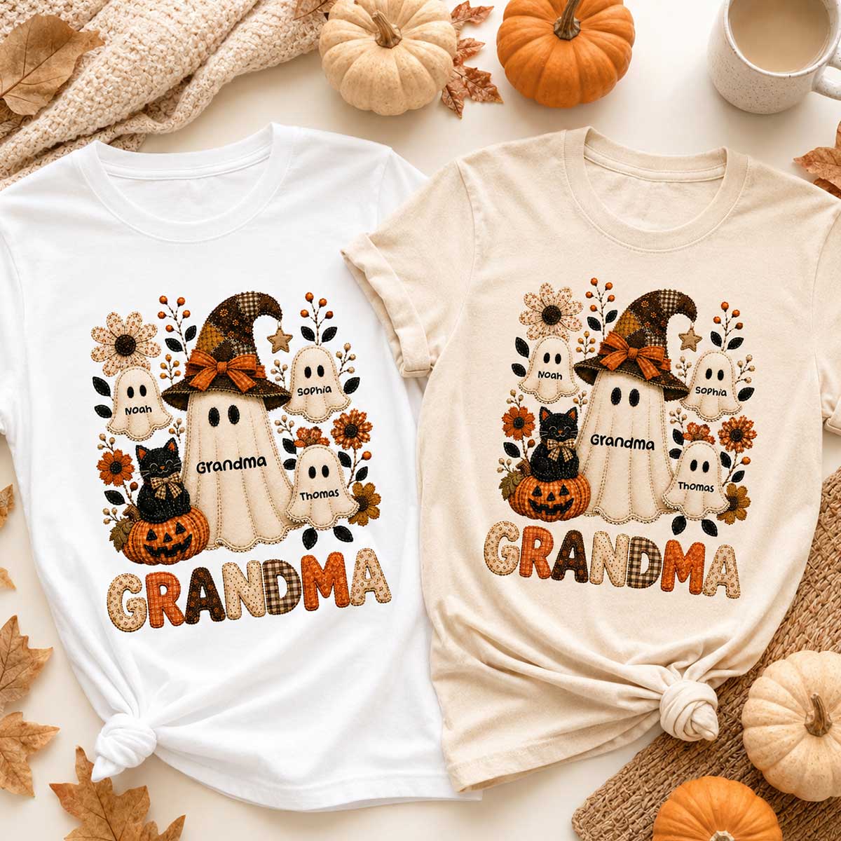 Cute Grandma Boo Witch Fall Season Halloween Faux Patchwork Pattern Coquette - Personalized Shirt - Halloween Gift For Grandma