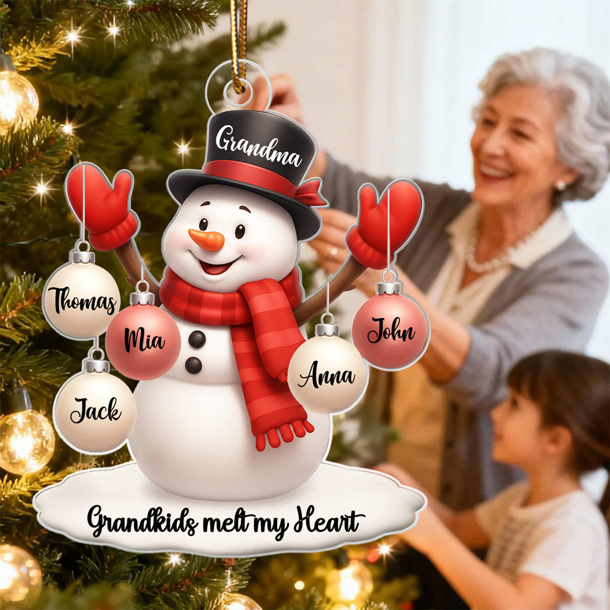 Snowman Grandma Grandkids Ball Ornaments - Personalized Acrylic Ornament - Christmas Gift for Family