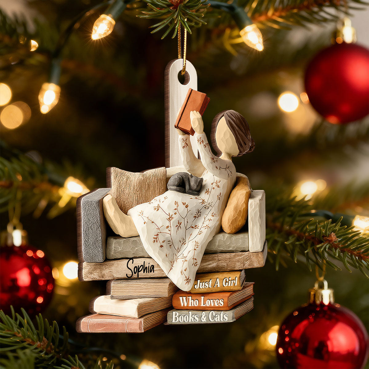 Life Is Better With Books & Cats 3D Effect - Personalized Wooden Ornament - Christmas Gift For Book Lover, Bookworm