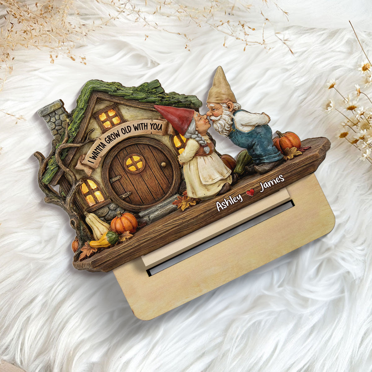 Wanna Grow Old With You Gnome Couple Kissing 2D Flat - Personalized 2-Layered Wooden Plaque - Anniversary, Valentine's Day Gift For Him, Gift For Her