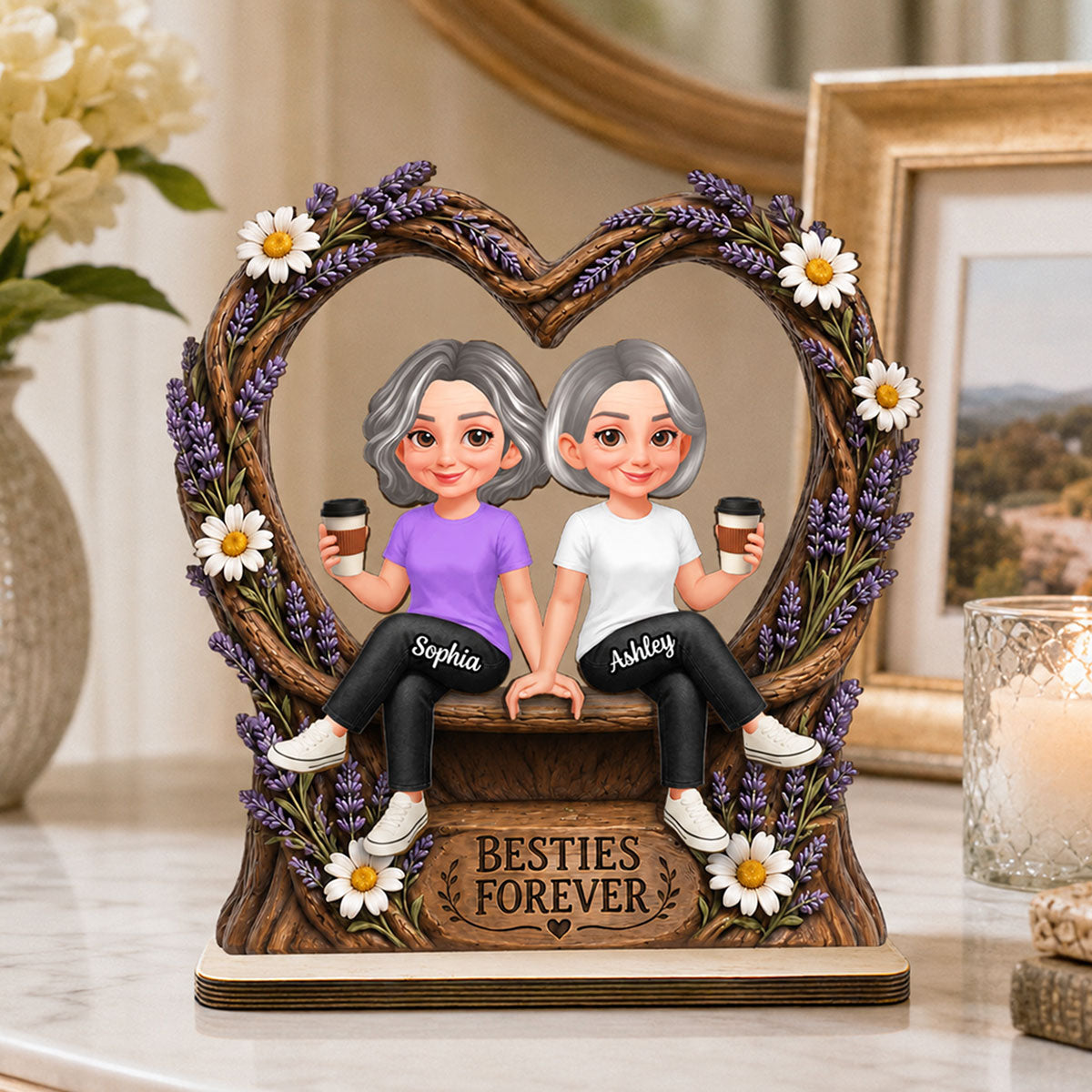 Lavender Flowers Besties Forever - Personalized 2-Layered Wooden Plaque - Birthday Gift, Gift For Best Friends