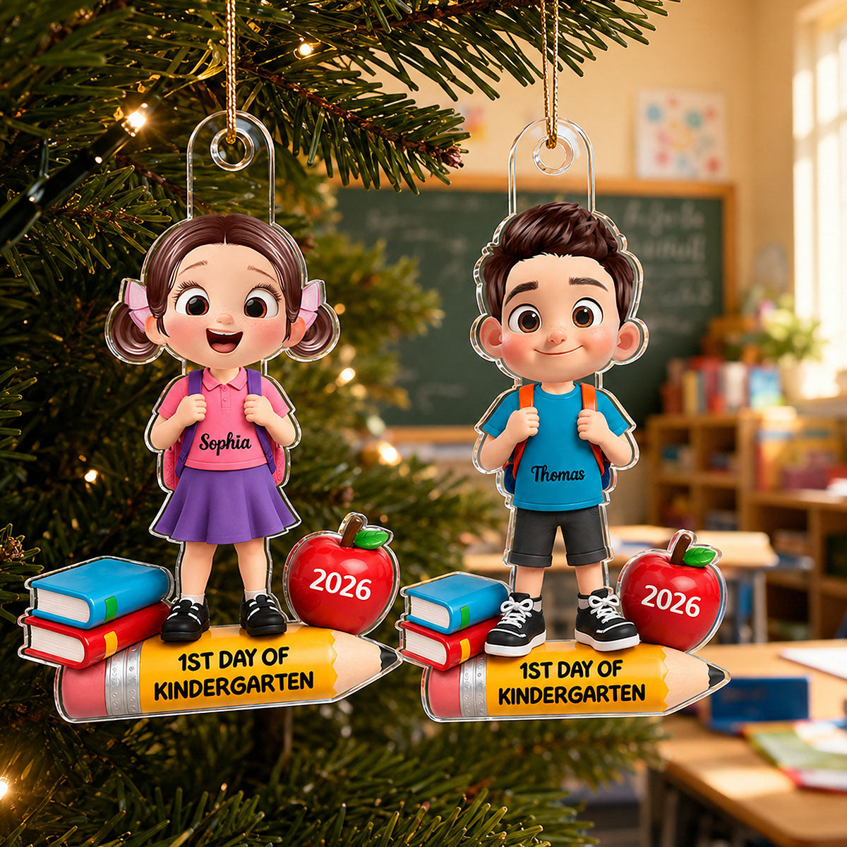 1st Day Of Kindergarten Boy Girl 2D Flat - Personalized Acrylic Ornament - Back To School Gift, Christmas Keepsake