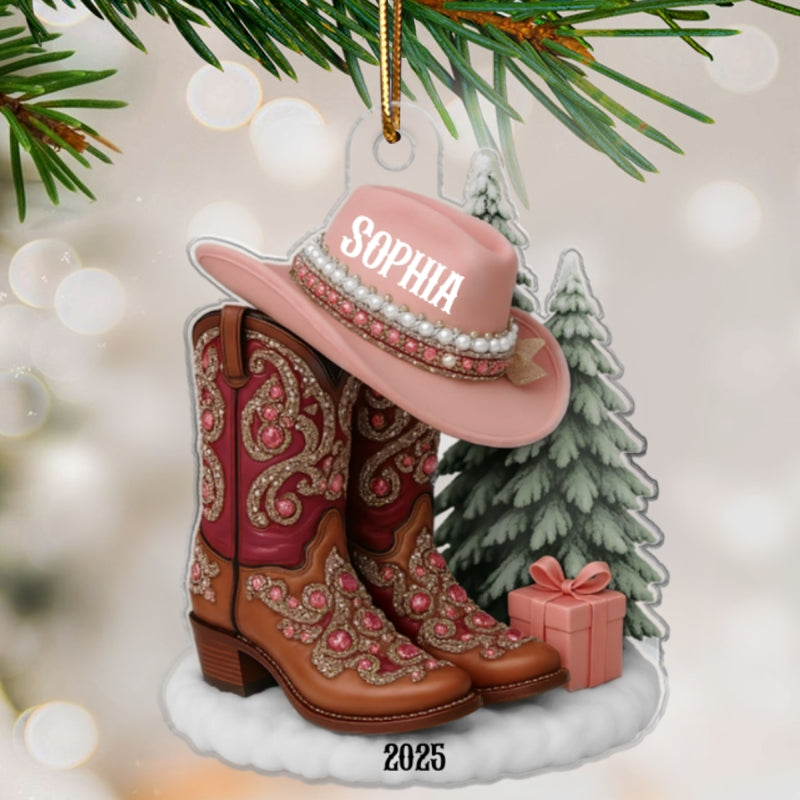 3D Effect Boots And Hat Cowgirl Name - Personalized Acrylic Ornament