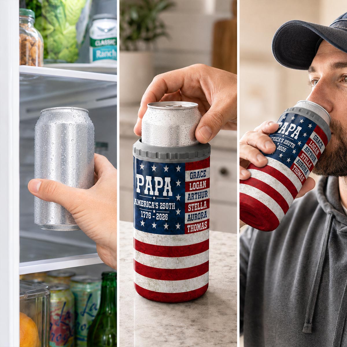 Proud American Dad Grandpa Custom Kids Name - Personalized 4-in-1 Can Cooler