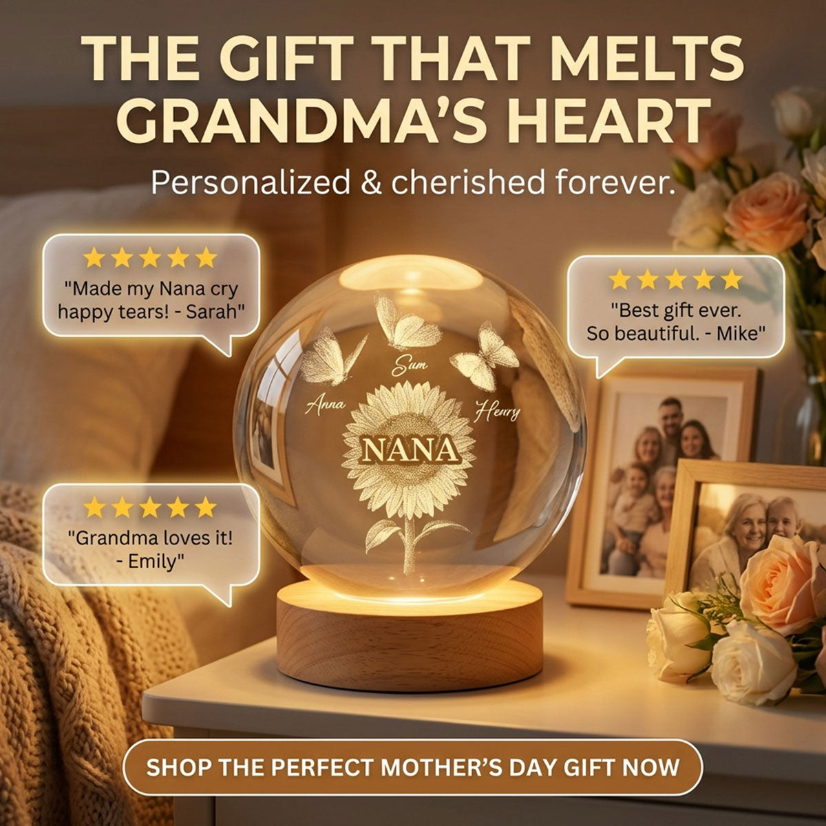 Sunflower Grandma Grandkids - Personalized Crystal Ball LED Night Light - Mother's Day Gift For Grandma