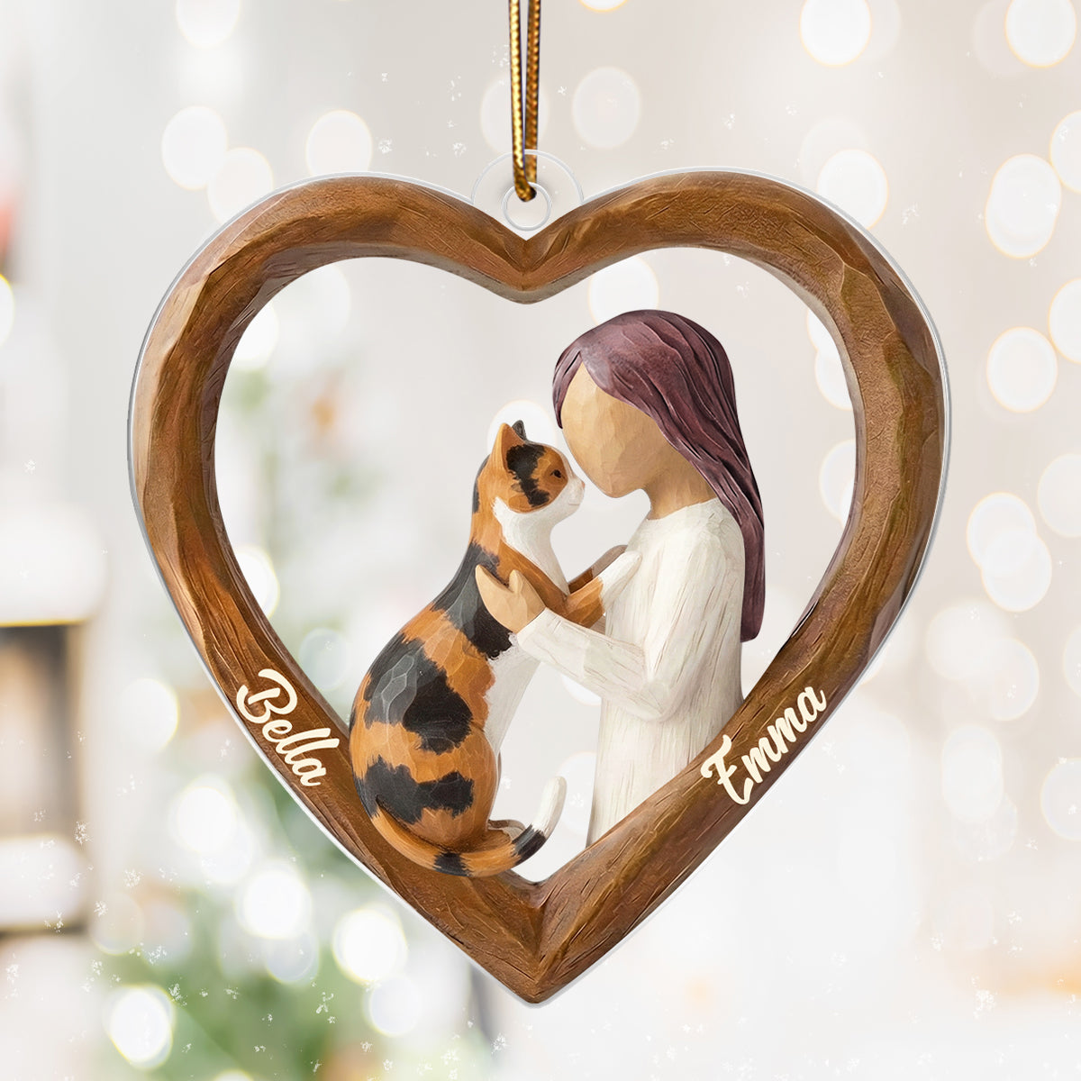 A Girl and Her Cat 3D Wooden Effect - Personalized Acrylic Ornament – Custom Girl and Cat, Keepsake Christmas Gift for Cat Moms