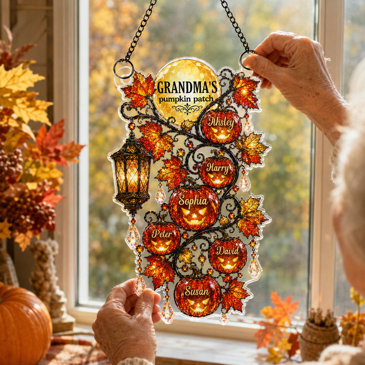 Grandma's Pumpkin Patch - Personalized Acrylic Suncatcher - Halloween Fall Decor for Grandma