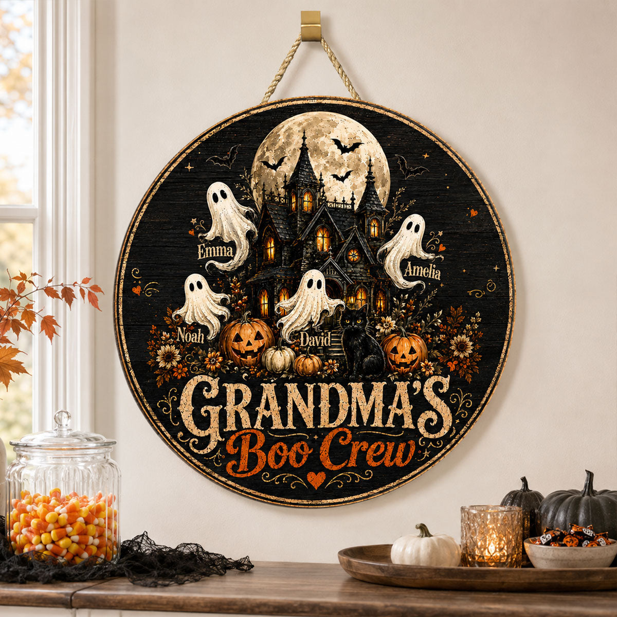 Grandma's Boo Crew Halloween Haunted House - Personalized Wooden Door Sign - Halloween Decor for Grandma