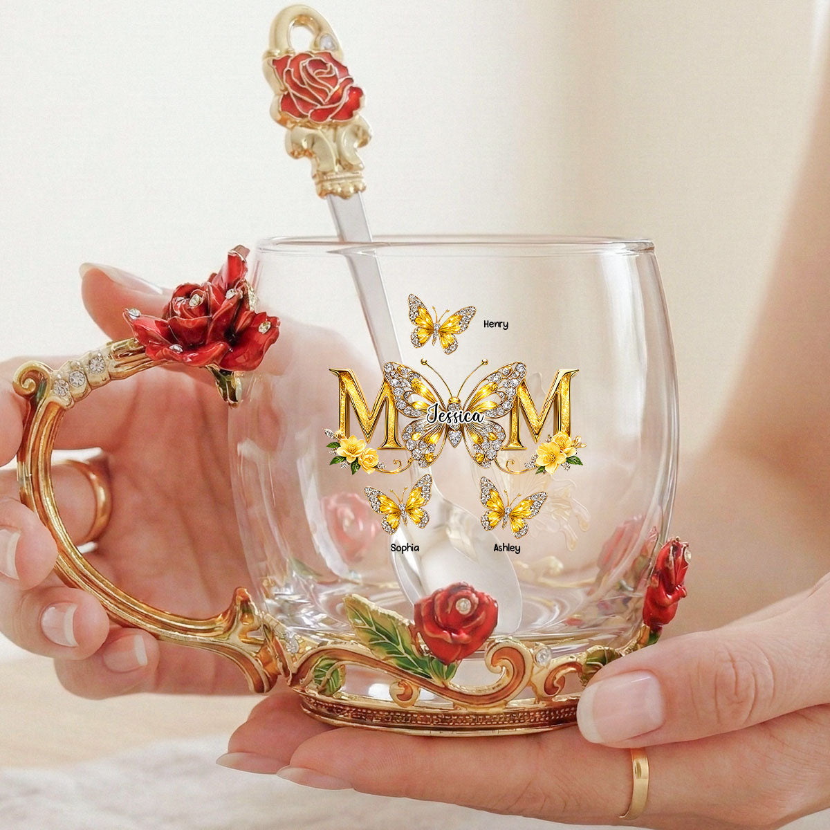 Mom And Children Butterflies - Personalized Enamel Flower Tea Cup - Gift For Mom