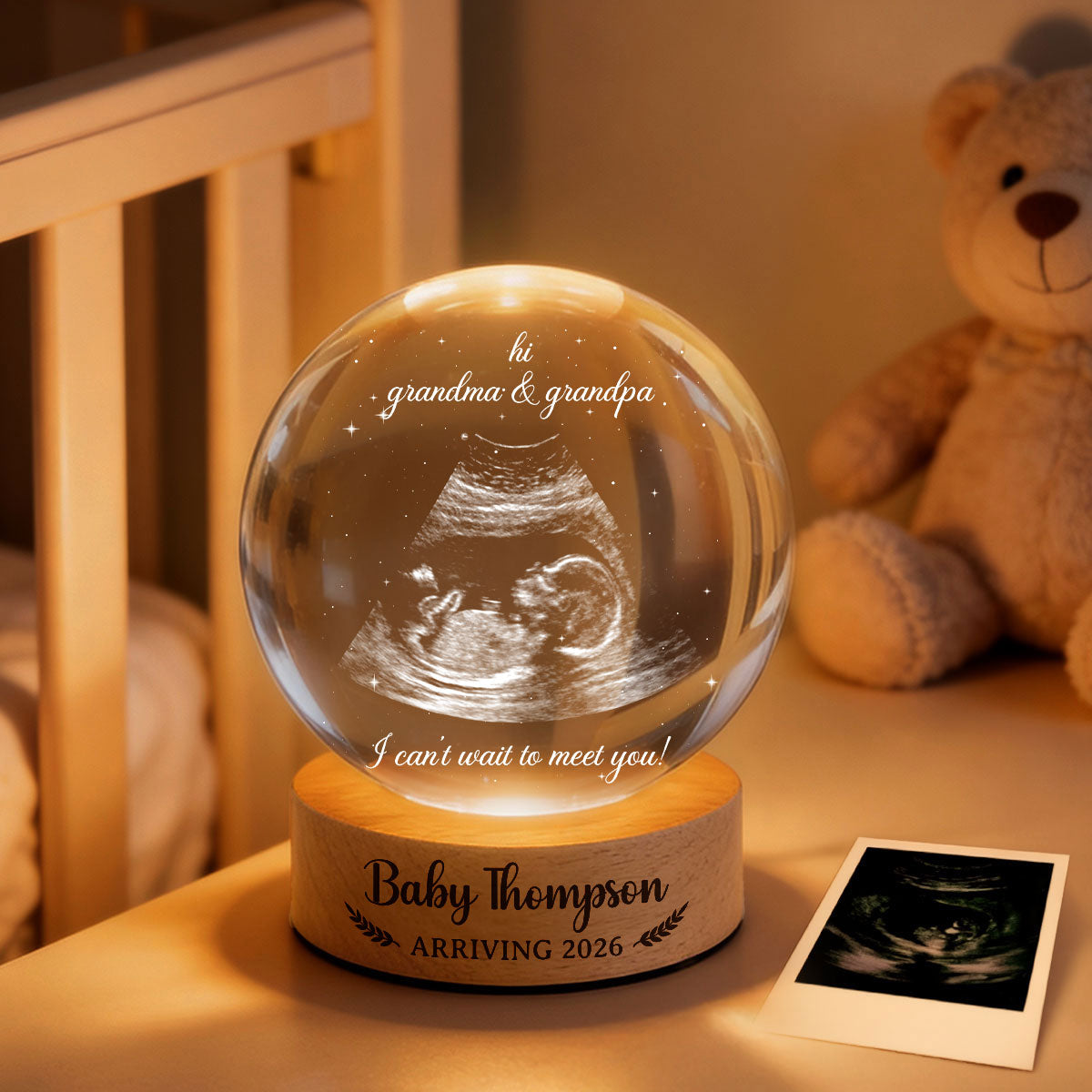 Baby Arriving Custom Baby Ultrasound - Personalized Crystal Ball LED Night Light - Pregnancy Reveal, Mother's Day Gift for 1st Time Grandma