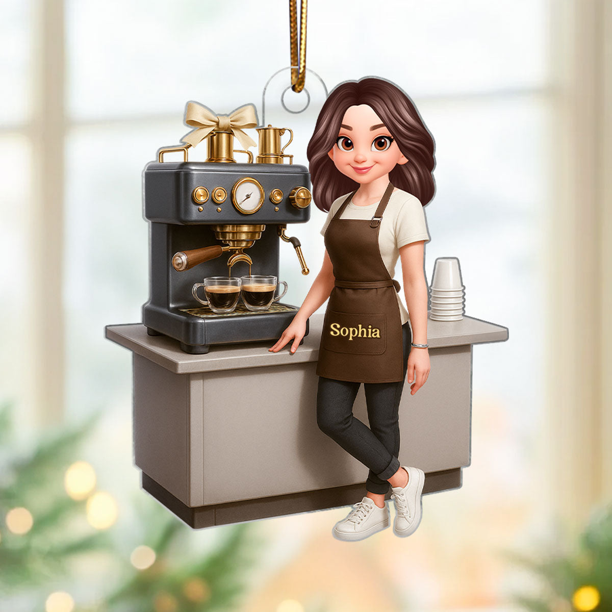 Espresso Machine Coffee Maker Diorama With Cups - Personalized Acrylic Ornament - Gift For Baristas And Coffee Lovers