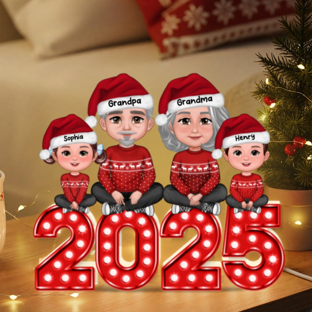 Christmas Grandma Grandpa And Grandkids Marquee Pattern Effect - Personalized Light Box