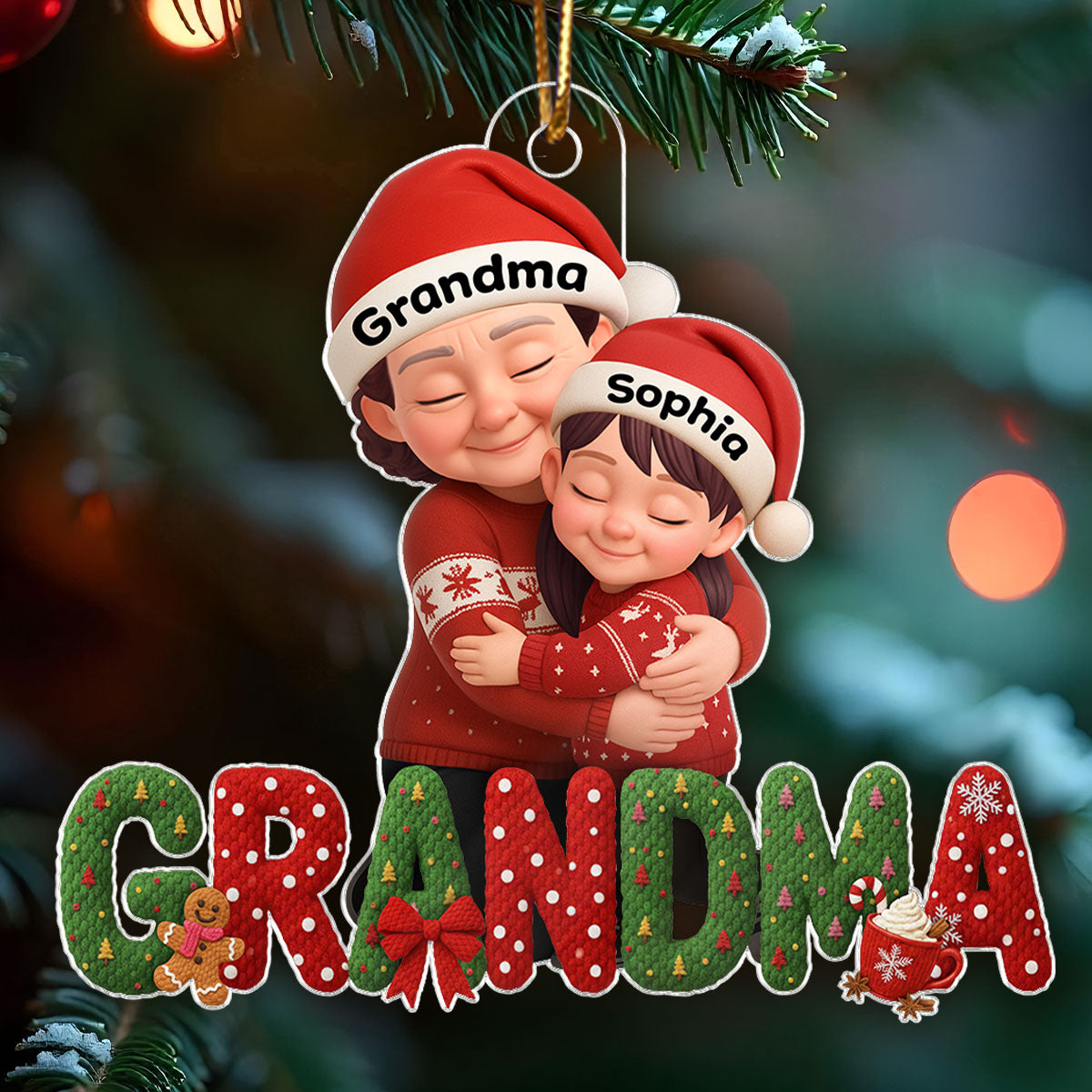 Grandma Hugging Grandkid Latch Hook Yarn Faux - Personalized Acrylic Ornament - Heartfelt Christmas Gift for Grandma, Grandkids