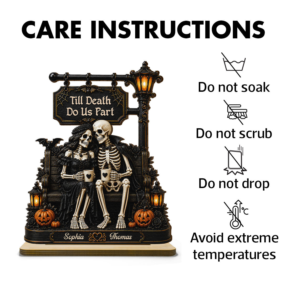 Till Death Do Us Part Skeleton Couple Under Lamp Post 2D Flat - Personalized 2-Layered Wooden Plaque - Halloween Decor For Couple