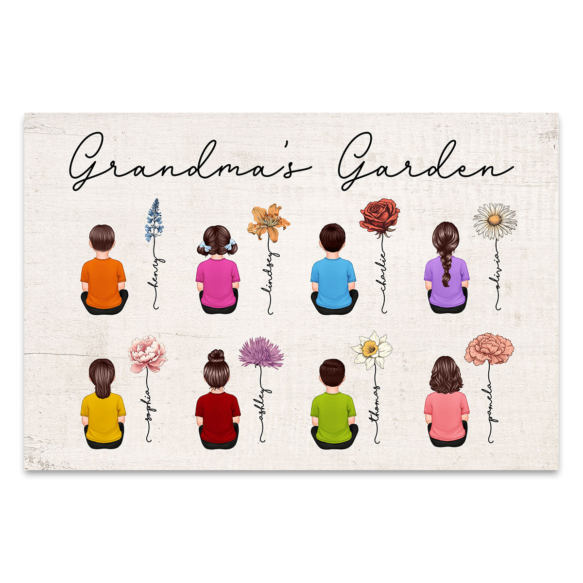 Vintage Birth Month Flowers Garden With Grandkids Names Personalized Poster, Mother‘s Day Gift For Grandma Mom Auntie