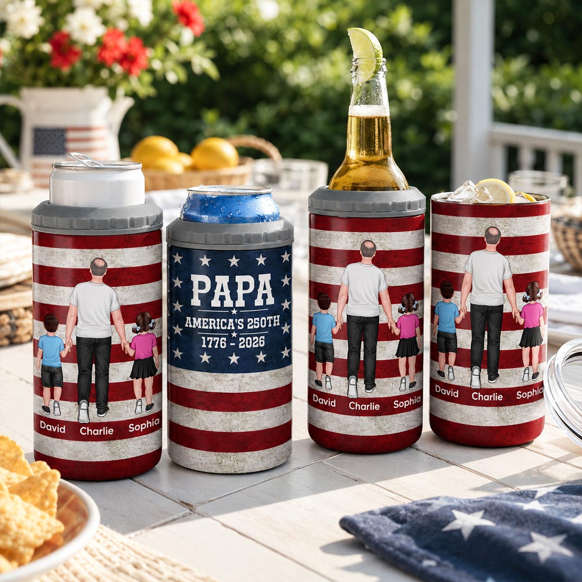 Proud American Dad Grandpa Walking With Kids - Personalized 4-in-1 Can Cooler - 4th Of July, American 250th Anniversary Gift For Patriotic Dad, Grandpa