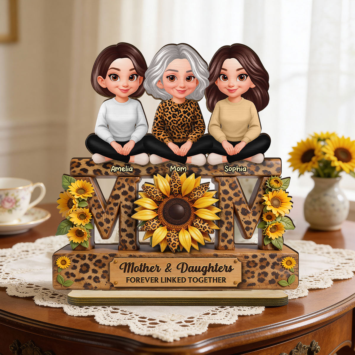 Beautiful Leopard Sunflower You Are My Sunshine MOM And Daughters Sons - Personalized 2-Layered Wooden Plaque - Gift For Mom