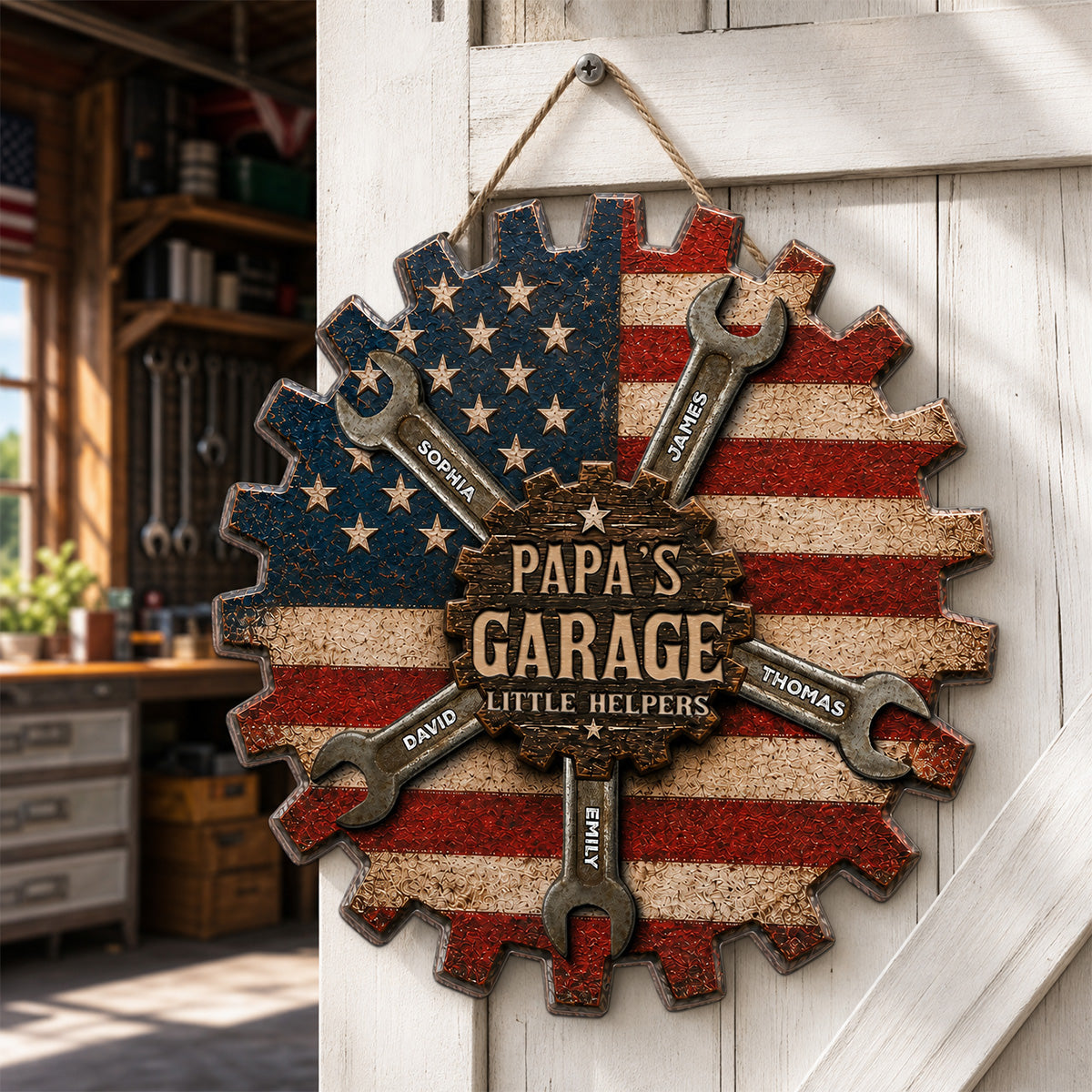 Rustic Workshop Little Helpers Nation Flag Theme 2D Flat - Personalized Wooden Garage Sign - Father's Day Gift For Patriotic Mechanic Dad, Grandpa