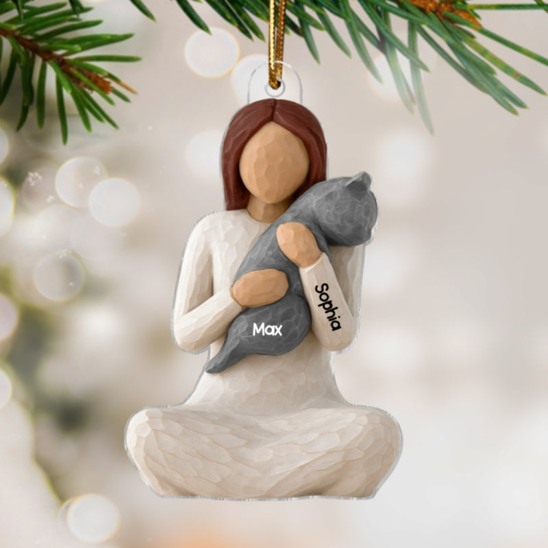 3D Effect Woman Hugging Cat - Personalized Acrylic Ornament - Christmas Gift For Cat Lovers, Cat Mom