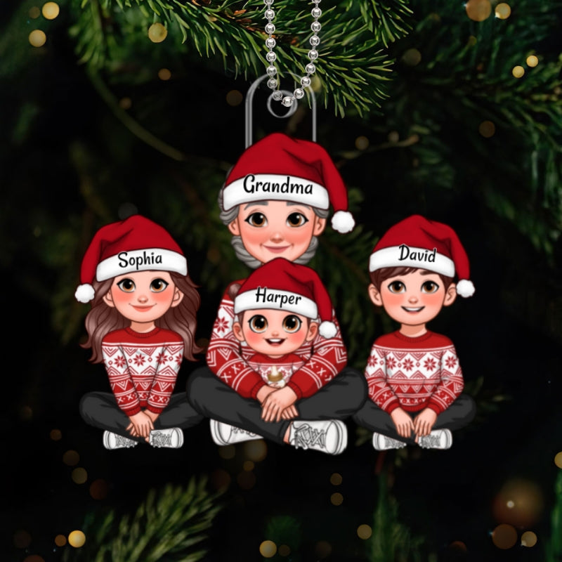 Animated Grandma Grandkids Sitting Christmas Personalized Acrylic Ornament