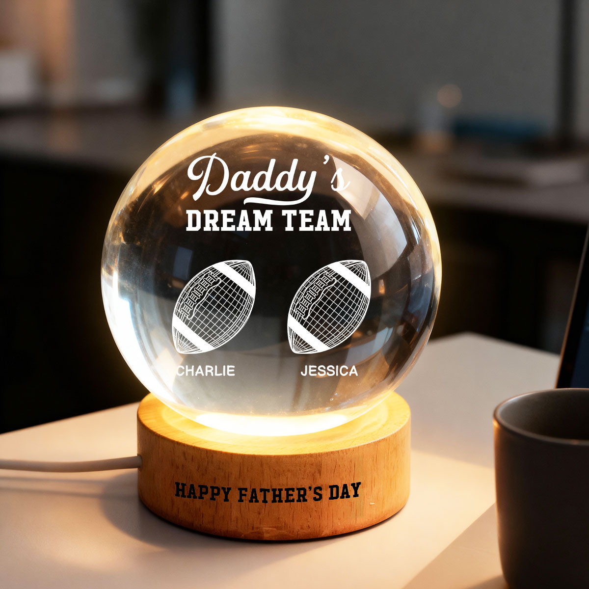 American Football Daddy's Dream Team Illusion Style - Personalized Crystal Ball LED Night Light -  Gift For Dad, Husband