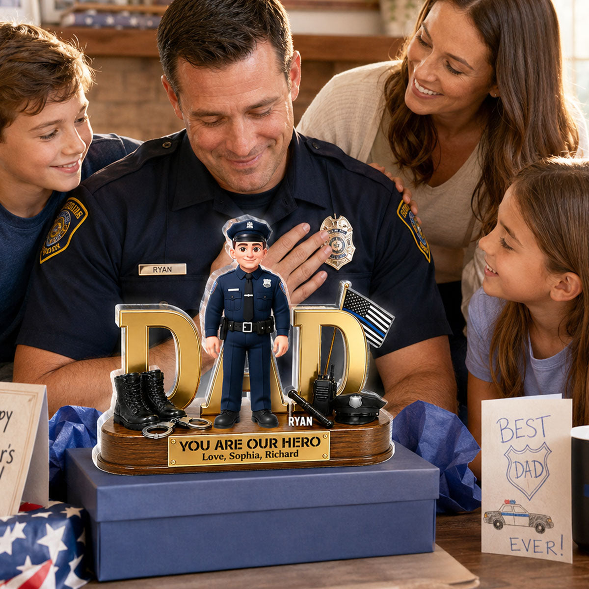 Proud American Police Dad You Are Our Hero Thin Blue Line 2D Flat - Personalized Acrylic Block Plaque -  Gift For Dad