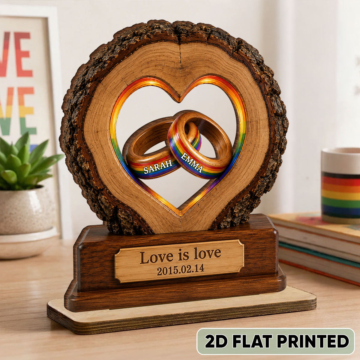 Love is Love LGBTQ+ Couple Anniversary - Personalized 2-Layered Wooden Plaque - Heartfelt Gift for Her, for Him