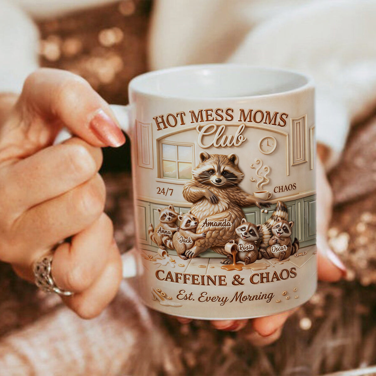 Hot Mess Moms Club - Personalized Mug - Funny Raccoon Coffee Mug for Mom, Mother's Day Gift for Wife