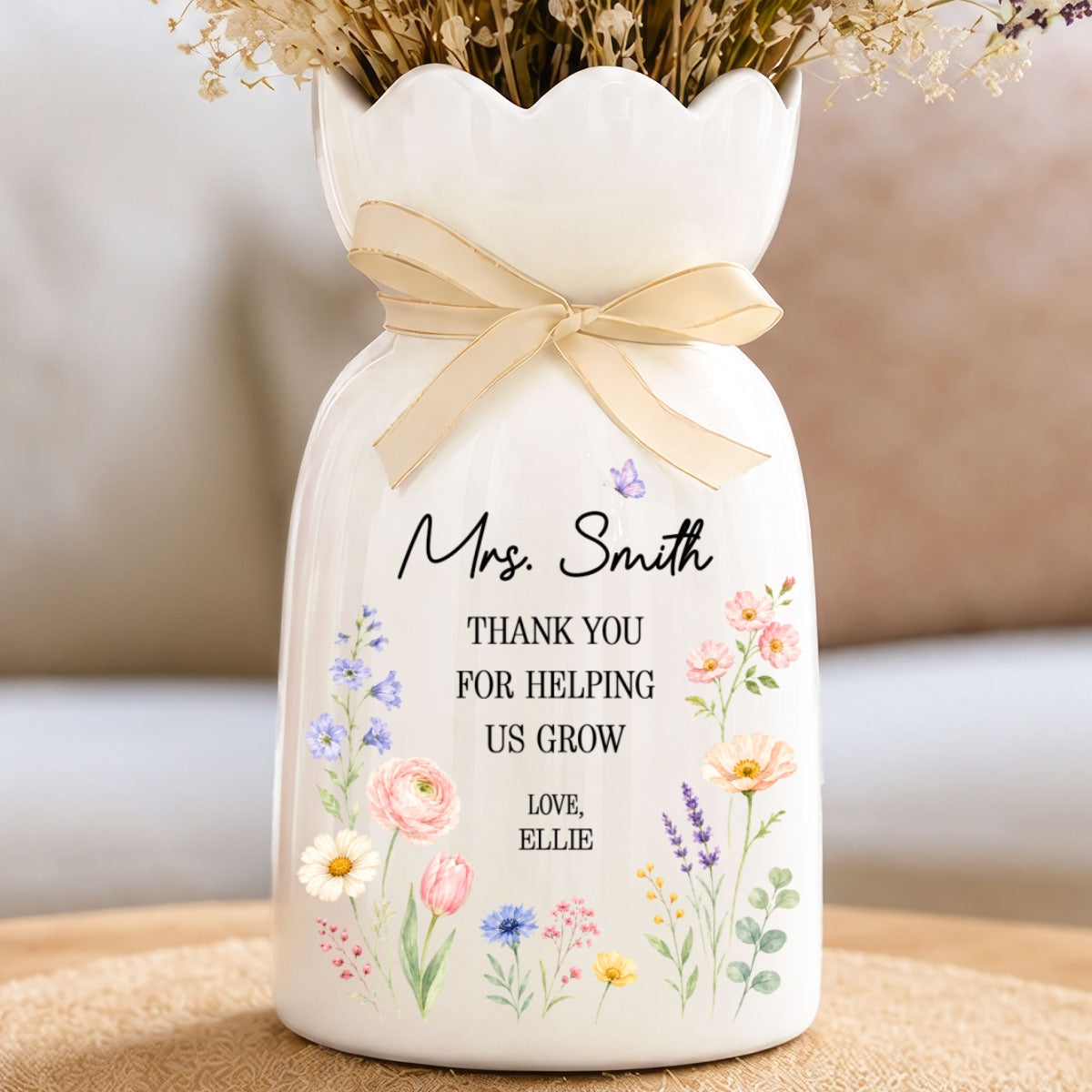 Thank You For Helping Us Grow - Personalized Ceramic Flower Vase - Teacher Appreciation Gift
