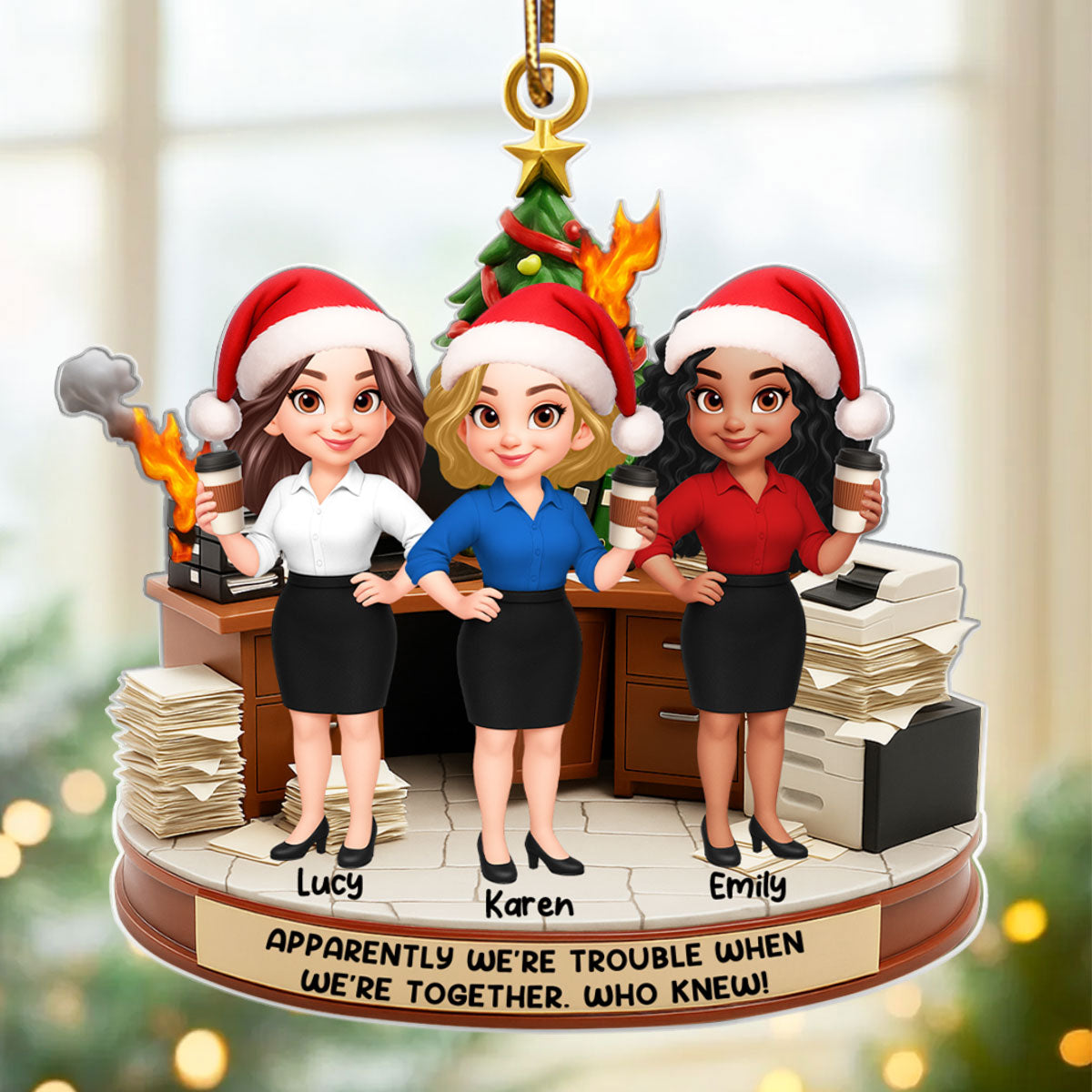 Office Chaos Funny Coworkers Trouble Together - Personalized Acrylic Ornament - Custom Employee Gift Exchange, White Elephant Gift