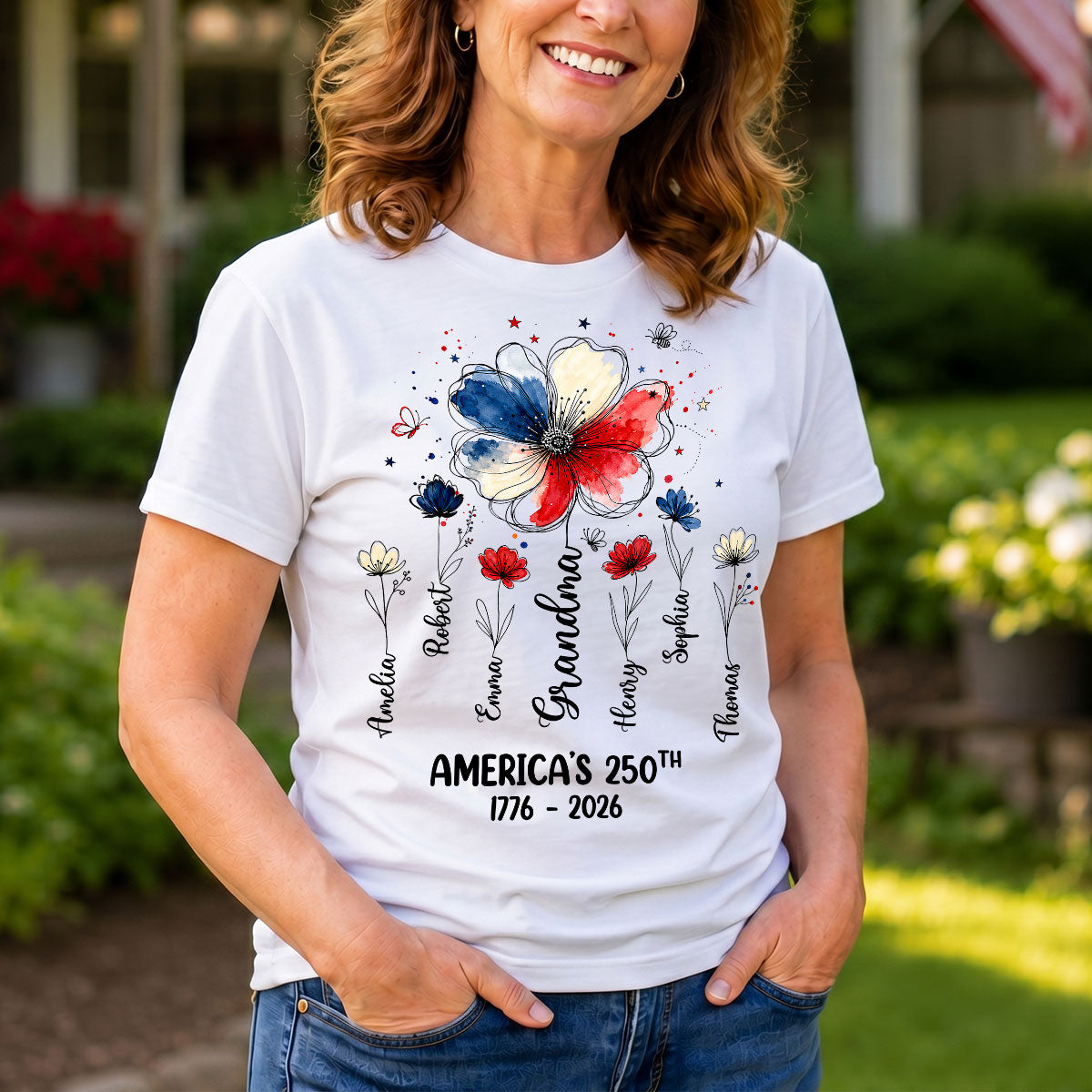 Proud Mom Grandma Flowers American 250th Anniversary - Personalized Shirt - Gift For Mom, Grandma