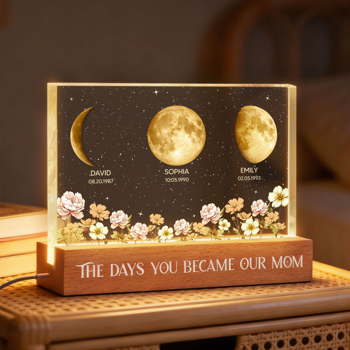The Day You Became Our Mom Custom Moon Phase by Date - Personalized Acrylic Block LED Night Light, Custom Birth Flowers