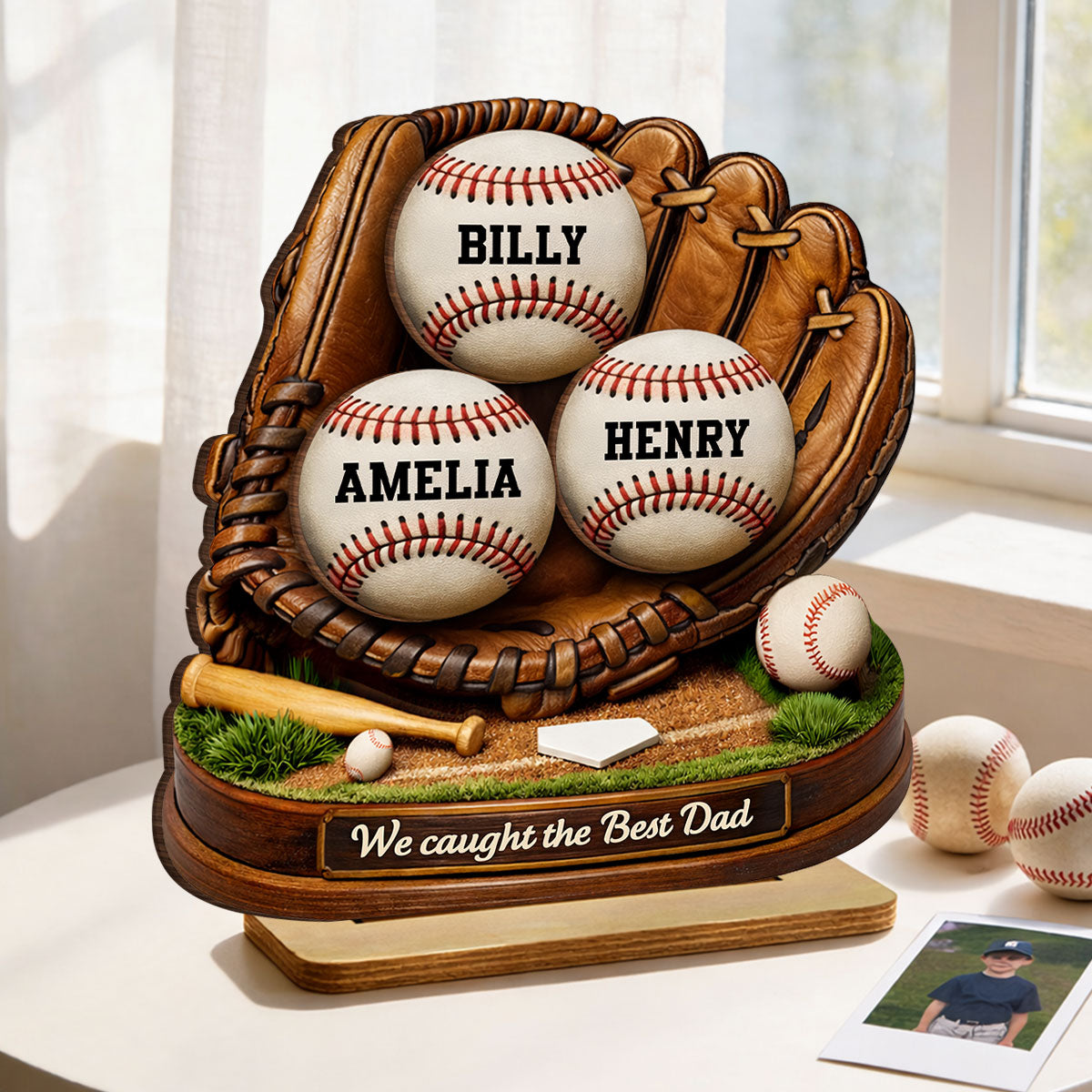 We Caught the Best Dad Baseball Softball - Personalized 2-Layered Wooden Plaque - Heartfelt Gift for Dad