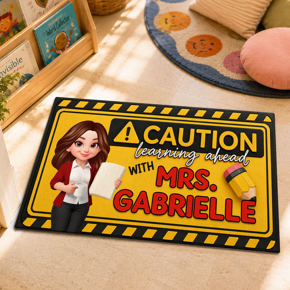 Caution Learning Ahead With Teacher - Personalized Doormat - Back To School Gift For Teachers, Classroom Decors