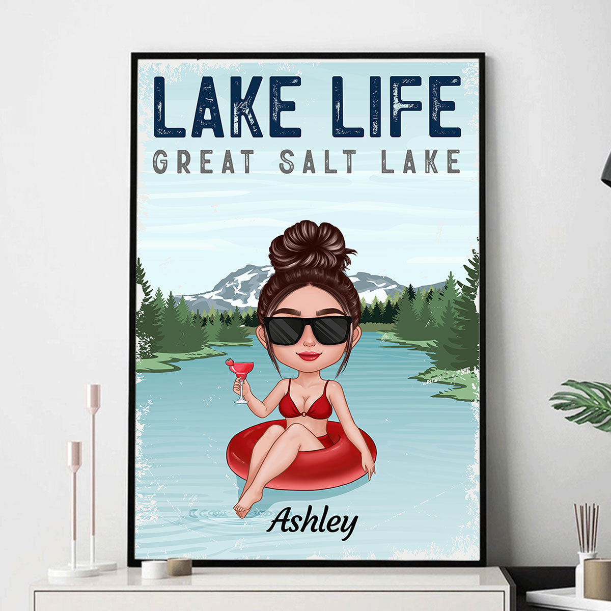 Lake Life Lake House Decor Doll Girl On Pool Float Personalized Vertical Poster
